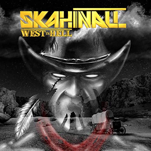 "Album cover featuring a cowboy skull with a covered wagon in the background."