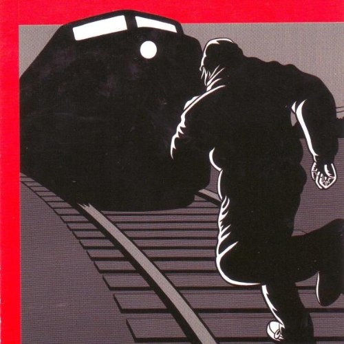 Album cover with a man running from a train on railroad tracks.