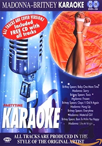 DVD cover for Madonna & Britney Spears karaoke, featuring a microphone and legs.