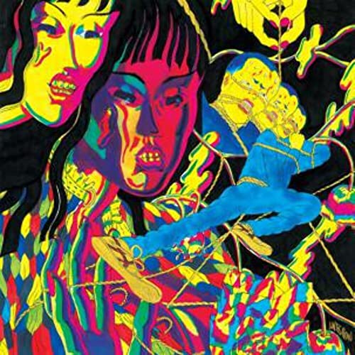 Colorful, distorted faces and hands on a black background album cover.