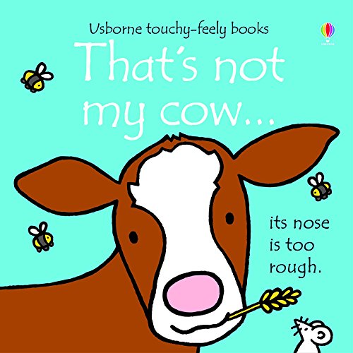 "Children's book cover featuring a cartoon cow's face with a rough-textured nose."