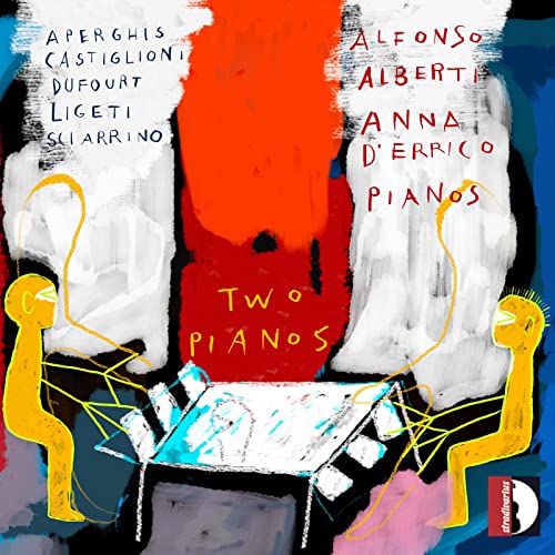 CD cover with abstract painting of pianos and yellow figures.