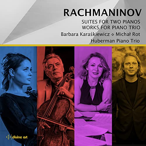 CD cover featuring portraits of musicians and text: Rachmaninov suites.