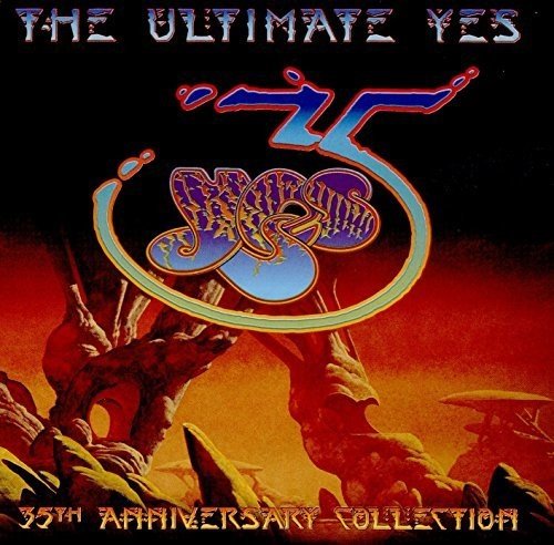 "Album cover art for 'The Ultimate Yes' with abstract design and rocky landscape background."