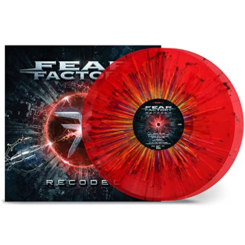 Fear Factory Recoded vinyl record with red and orange splatter pattern in front of cover.