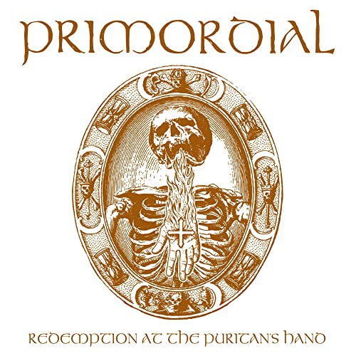 Primordial CD cover: ornate oval with skull and hands, sepia tone.