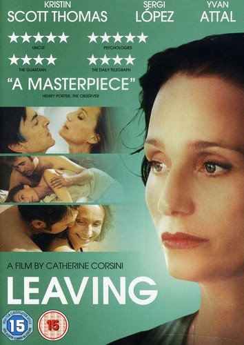 DVD cover for "Leaving" featuring a woman's face and intimate couple scenes on green background.