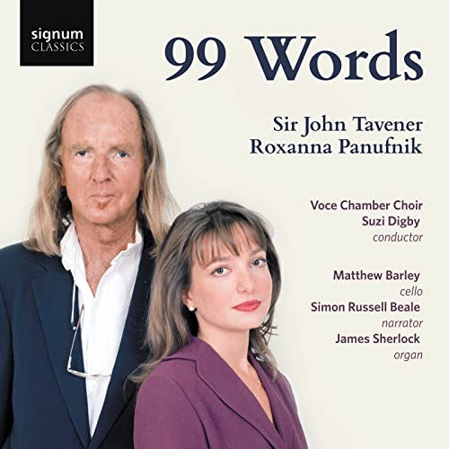 CD cover featuring portraits of composers John Tavener and Roxanna Panufnik.