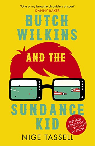 "Book cover with yellow background, red hair, and glasses showing a sports broadcast."