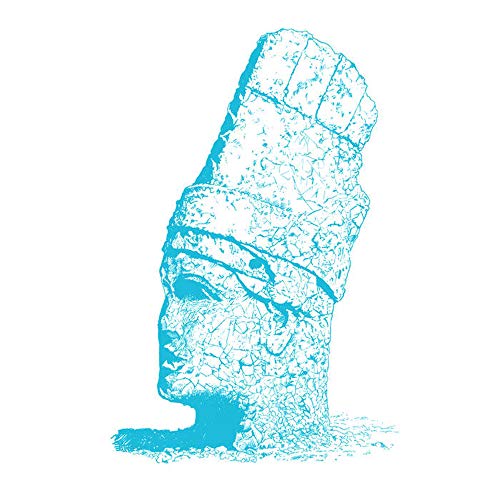 Blue line art depicting a Moai head, similar to Easter Island statues.
