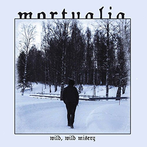 Album cover with a man in black walking away in a snowy forest scene.