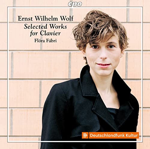 CD cover featuring pianist Flóra Fábri against a brick wall.
