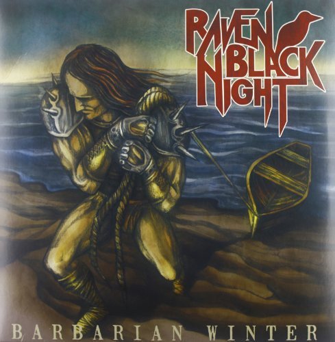 "Album cover art: muscular man with sword on a rocky beach."