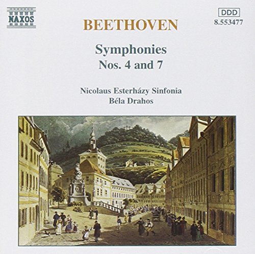 "CD cover featuring Beethoven's Symphonies Nos. 4 and 7, with a vintage town scene."
