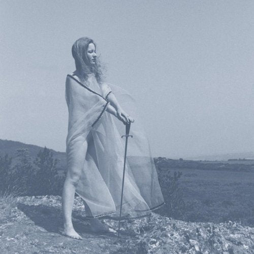 Woman with a sword stands on a hill, hazy blue tone.