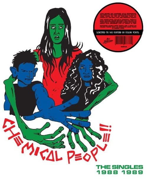Green vinyl record cover with illustrated figures in bold colors.