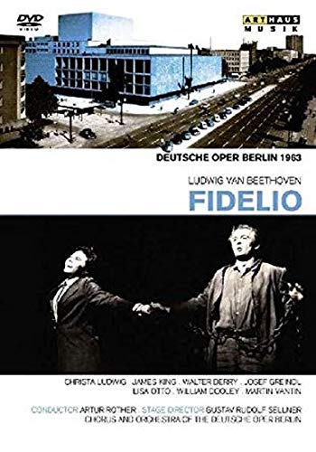 DVD cover for Beethoven's "Fidelio" with blue-tinted building and two men holding hands.
