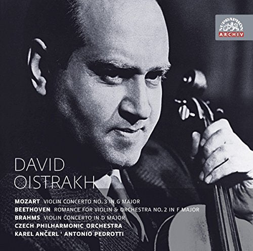Black and white image of a man holding a violin, with text overlay.