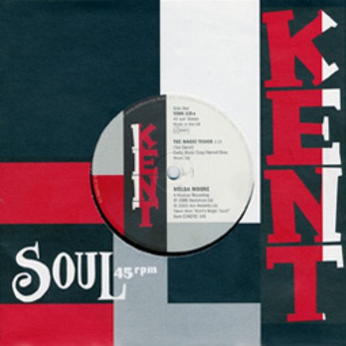 Vinyl record label with red and white text, geometric design.