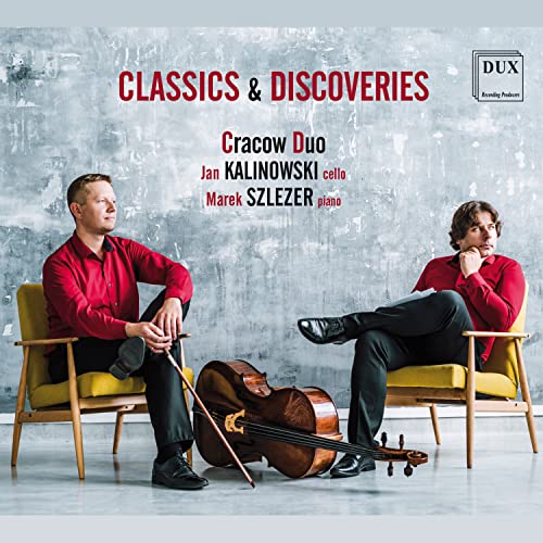 CD cover featuring two musicians with a cello, titled “Classics & Discoveries.”