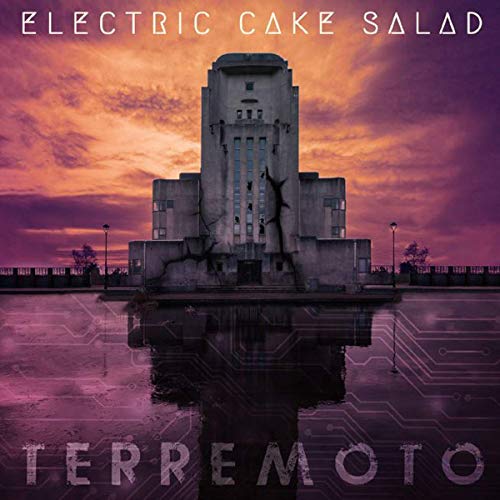 "Album cover featuring a cracked, futuristic building reflected in water against an orange sky."