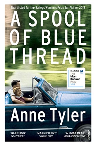 "A Spool of Blue Thread" book cover with couple in a blue convertible car.