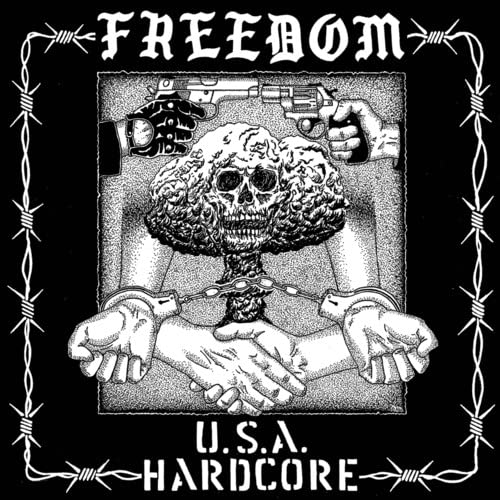 Black and white album cover depicting a skull, hands, guns, and barbed wire.
