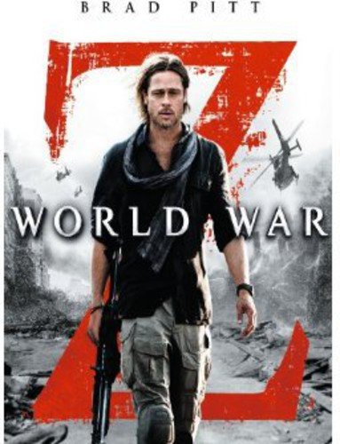 Brad Pitt in “World War Z” DVD cover, action scene, red background.