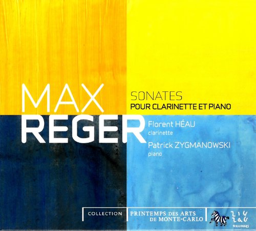 "CD cover with yellow and blue abstract background, white and black text, featuring 'MAX REGER'."