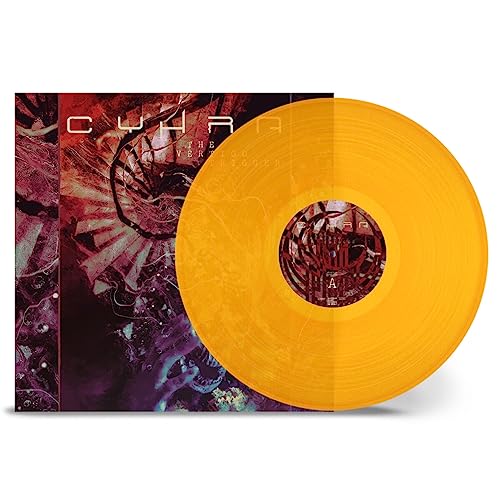Yellow vinyl record and album cover for Cyhra’s “The Vertigo Trigger.”
