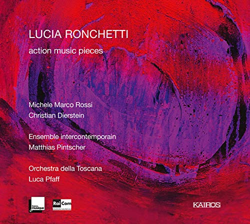 The image is a red and purple abstract album cover with white text. Alt text: Red and purple abstract album cover with white text listing artist and performers.