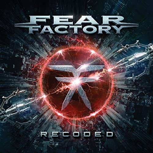 Fear Factory “Recoded” album cover: robotic arms, red energy, and logo.