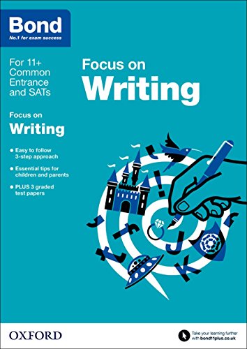 "Blue workbook cover with 'Bond Focus on Writing' title and hand-drawn imagery."