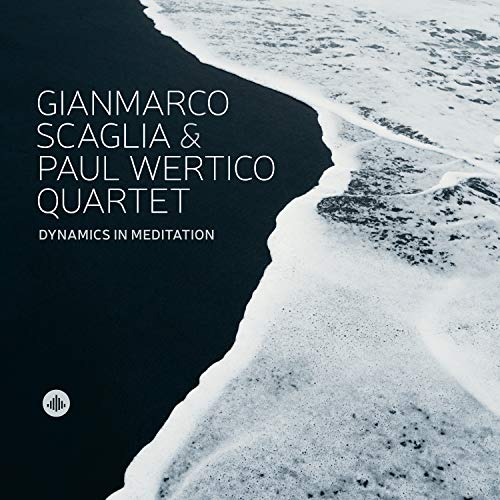"Album cover with white text on dark background, featuring a wave crashing on the shore."