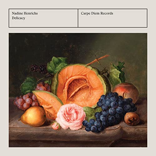 CD cover: still life painting of fruit and a rose on a table.