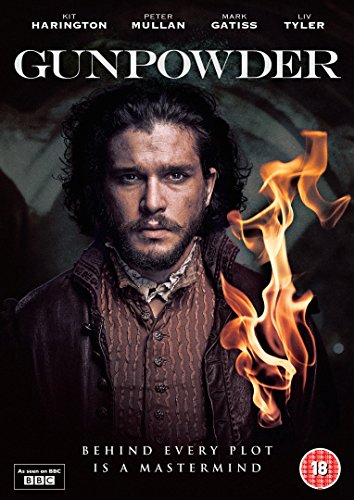 "Gunpowder DVD cover featuring a man with flames beside him, dark background."