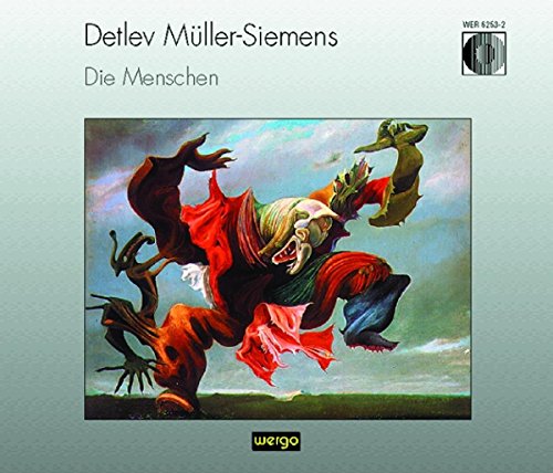 "Album cover with abstract figure in red and green against a cloudy sky."