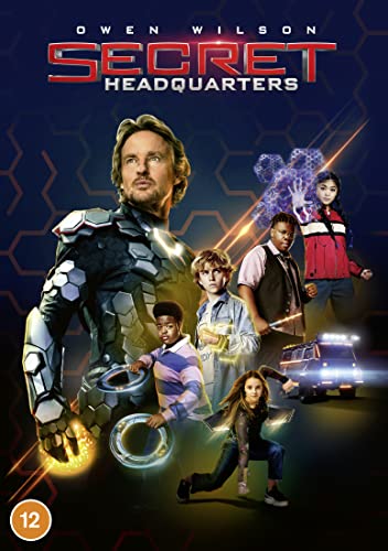 "Movie cover for 'Secret Headquarters' featuring a man in armor and five children."