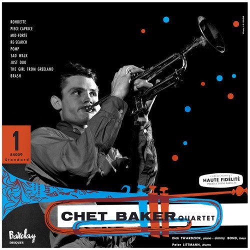 Chet Baker album cover featuring a man playing trumpet against a black background.