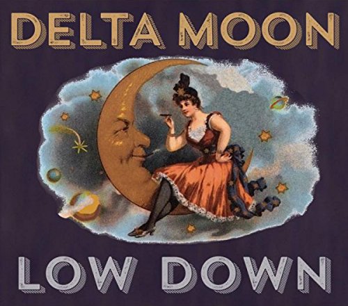 "Album cover art: woman in red dress on a crescent moon, surrounded by stars."