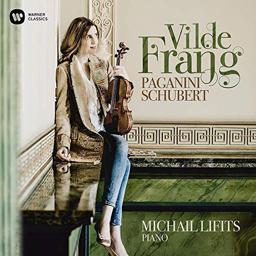 A woman holding a violin sits on a marble bench, classical CD cover.