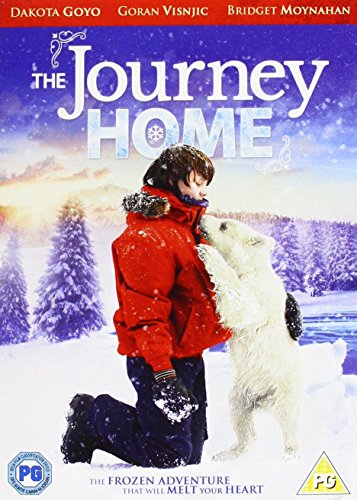 Boy in red coat embraces a polar bear in a snowy landscape.
