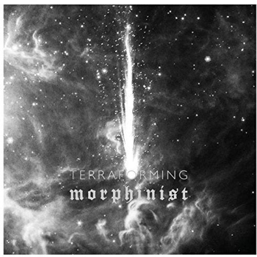 The image shows a black-and-white album cover with a galaxy scene and white text.