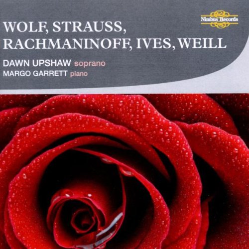 "Dawn Upshaw Sings" CD cover featuring a close-up of a red rose with dew drops.
