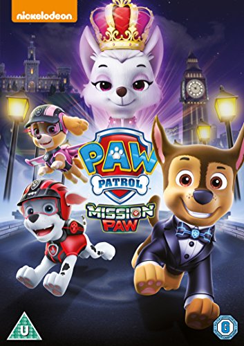 "Paw Patrol Mission Paw DVD cover featuring cartoon dogs in costumes, London cityscape."