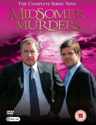 "Midsomer Murders Series 9 DVD cover featuring two men in suits against a purple sky."