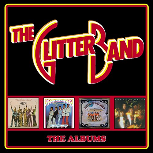 "Album cover with 'The Glitter Band' in red, featuring four smaller album covers below."