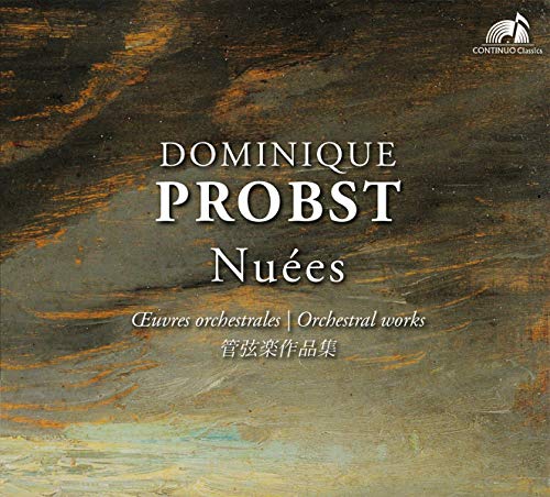 CD cover for “Nuees – Orchestral Works” by Dominique Probst, abstract design.