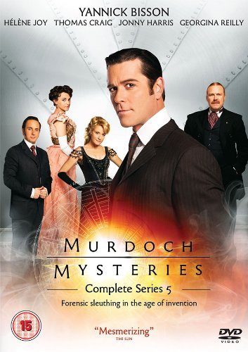 "Murdoch Mysteries Series 5 DVD cover featuring a man in a suit and four others."