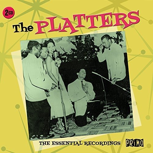 "CD cover with yellow background, black and white photo of The Platters singing."